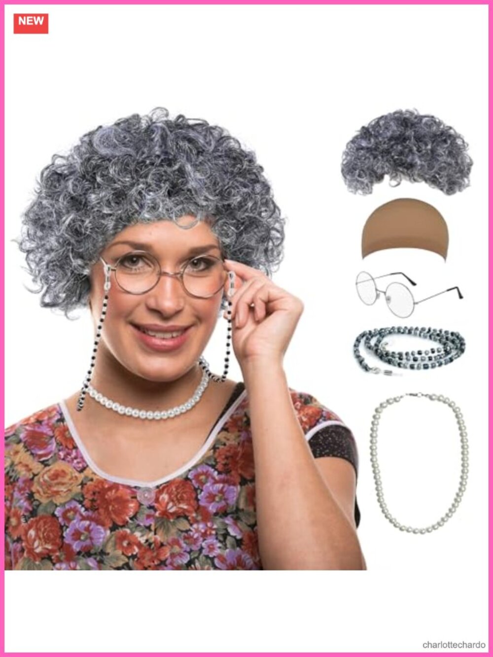 Grandma Wig Costume Set Old Lady Synthetic Polyester Accessory 5 Pieces